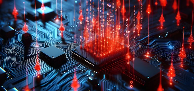 سوءاستفاده از SPIFFE/SPIRE برای جعل هویت ورکلودها در Kubernetes 6 Pictorial representation of a pay-per-install threat group campaign prodiving infection service for spreading malware. A close-up of a computer circuit board with a central microchip is depicted. Red digital data streams in the form of glowing binary numbers and arrows appear to flow in and out of the chip, symbolizing data processing and transfer. The scene is illuminated with a futuristic blue and red glow.