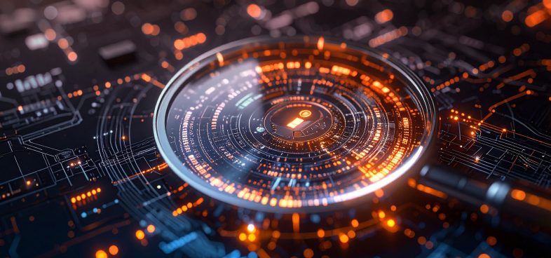 سوءاستفاده از SPIFFE/SPIRE برای جعل هویت ورکلودها در Kubernetes 5 Pictorial representation of a magnifying glass illuminating a glowing orange circular digital circuit interface on a dark, high-tech background.