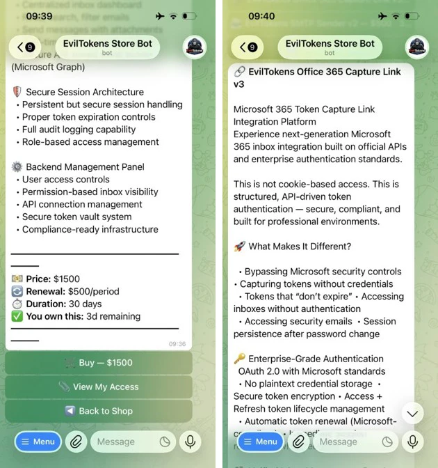 نفوذ با فیشینگ device code توسط EvilTokens به حسابهای سازمانی 2 نماگرفتهایی از ربات فروشگاه EvilTokens