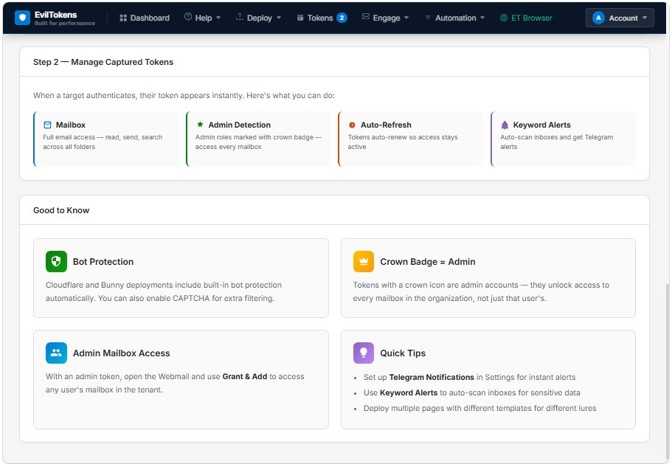 نفوذ با فیشینگ device code توسط EvilTokens به حسابهای سازمانی 4 Screenshot of the EvilTokens platform showing options for managing captured tokens