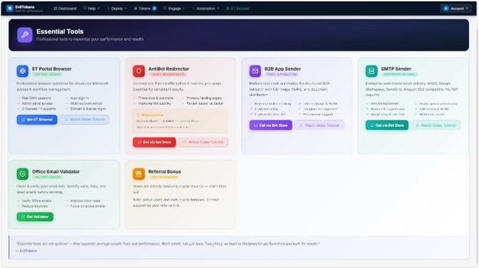نفوذ با فیشینگ device code توسط EvilTokens به حسابهای سازمانی 5 Screenshot of EvolTokens Essential Tools page