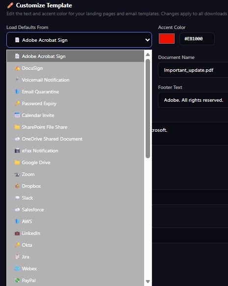 نفوذ با فیشینگ device code توسط EvilTokens به حسابهای سازمانی 6 Screenshot of EvilTokens template themes